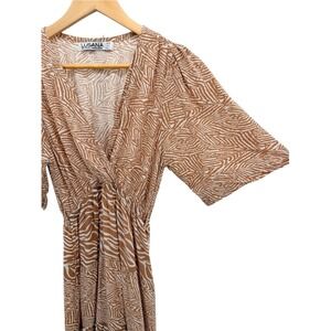 LUSANA Tan Zebra Print Maxi Dress XS 2 Tiered Elastic Waist V-Neck Resortwear